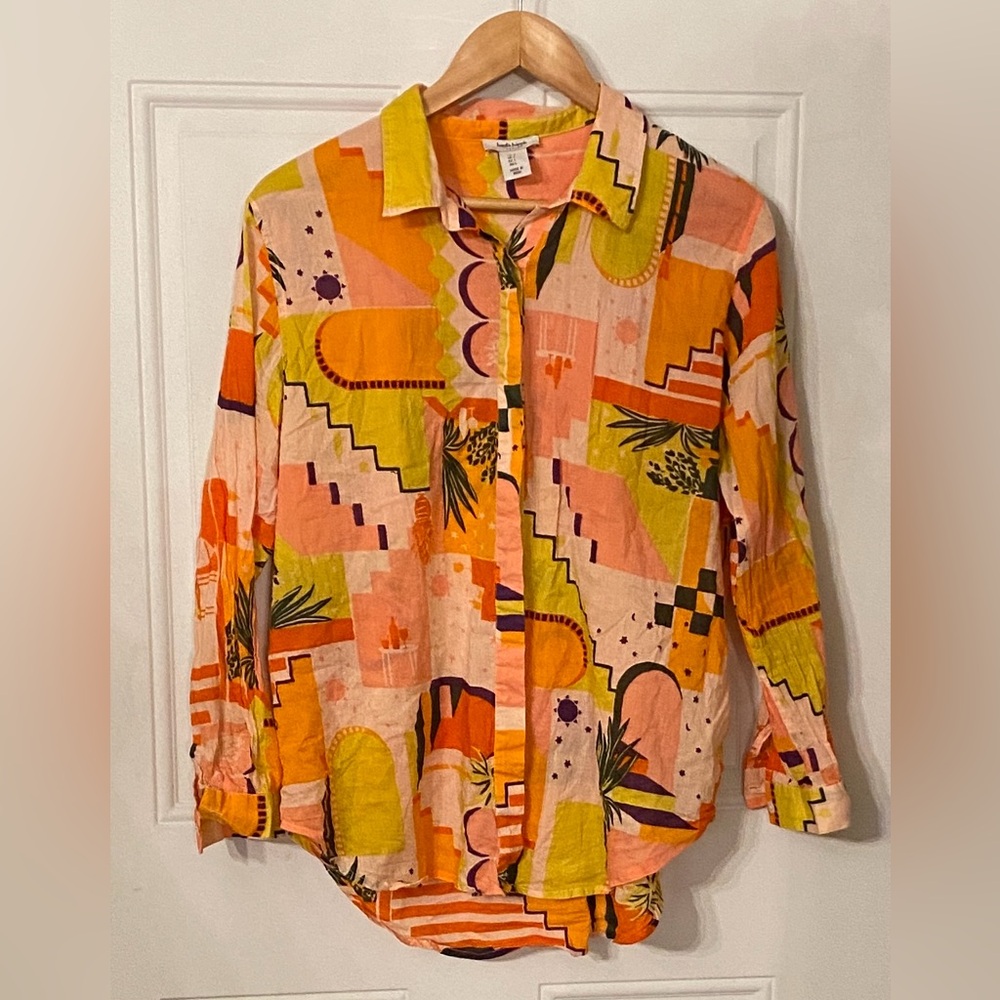 Haute Hippie Multicolor Geometric Floral Boho Button Up Top Shirt